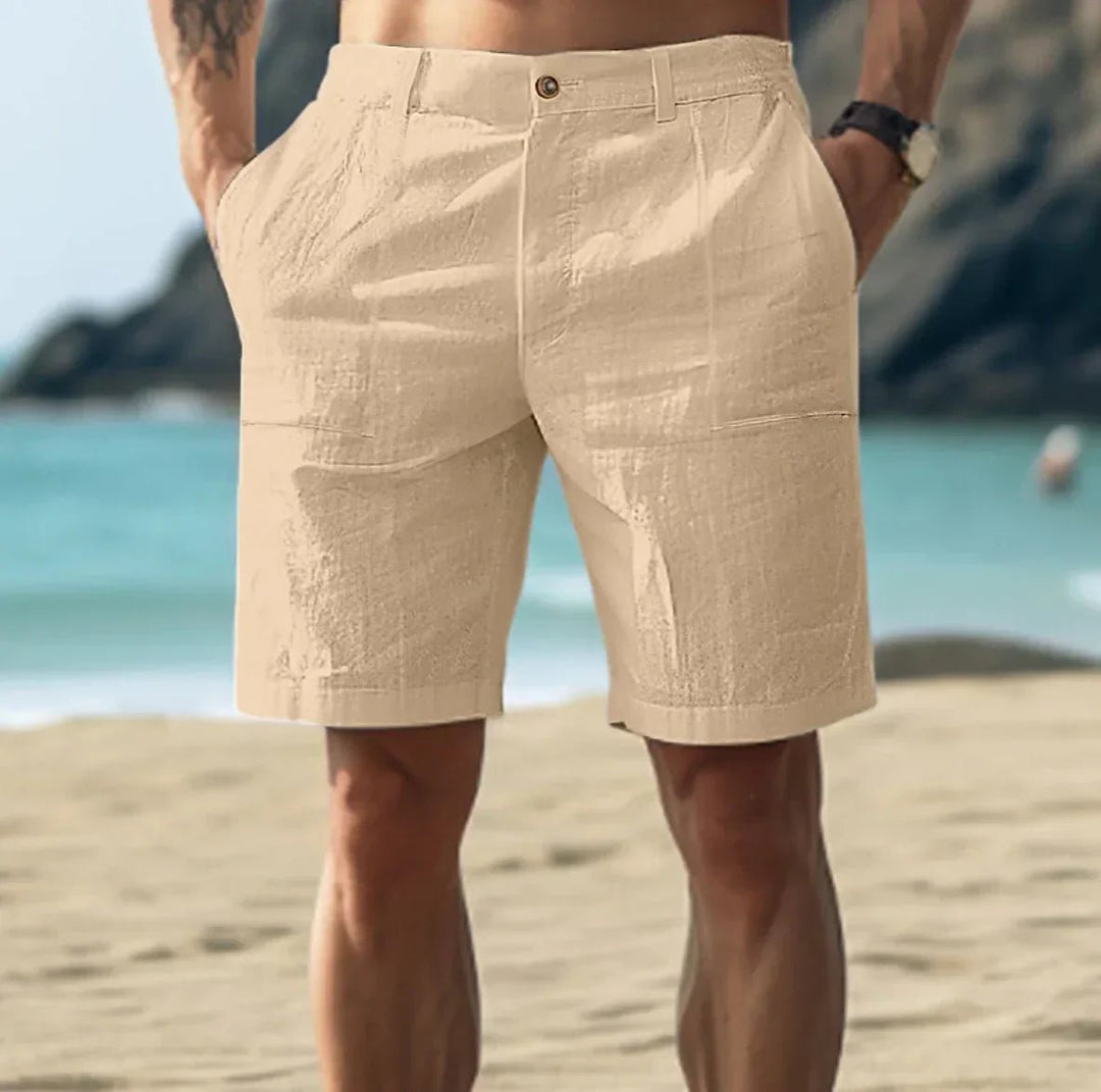 Men's Linen Shorts Flat Front Casual Summer Mid Length - Khaki