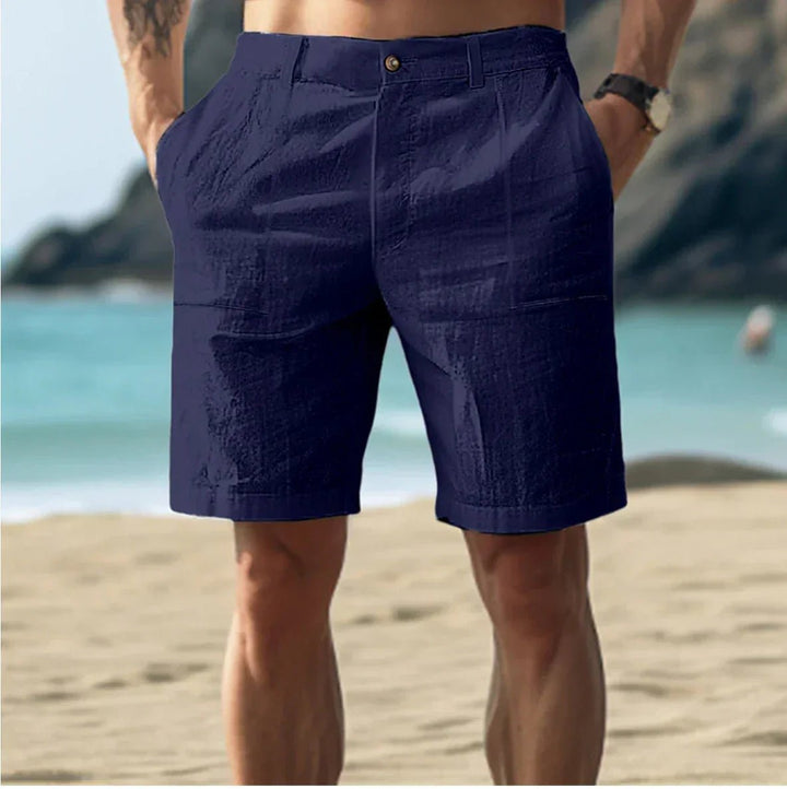 Men's Linen Shorts Flat Front Casual Summer Mid Length - Dark Blue