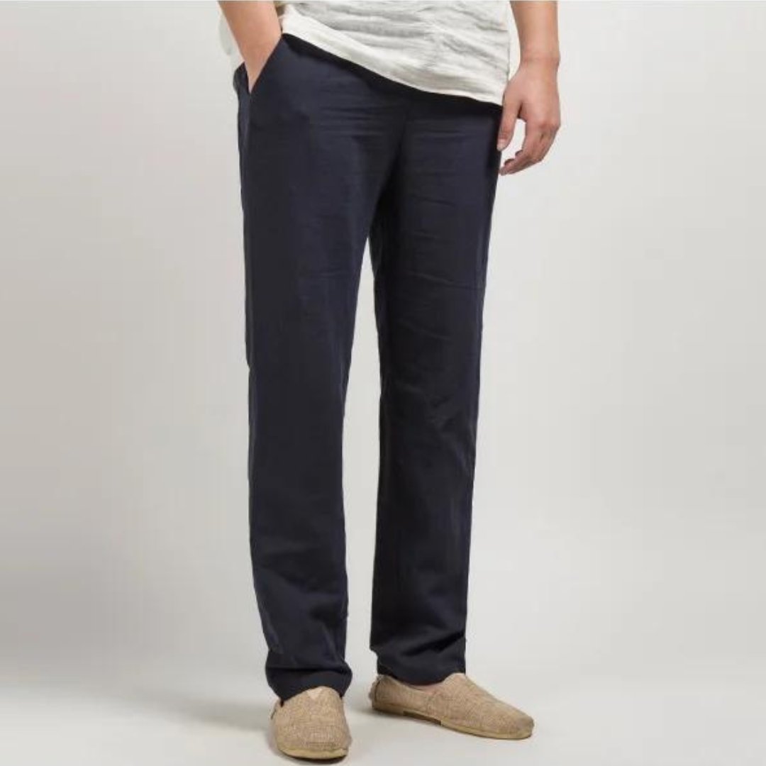 Men's Linen Trousers Straight Leg Elastic Waist Casual - Navy