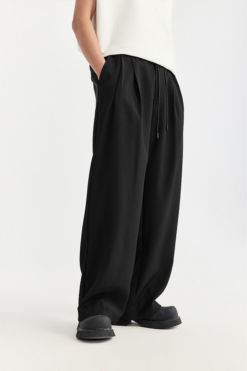 Men's Linen Wide Leg Drawstring Trousers Pleated - Black