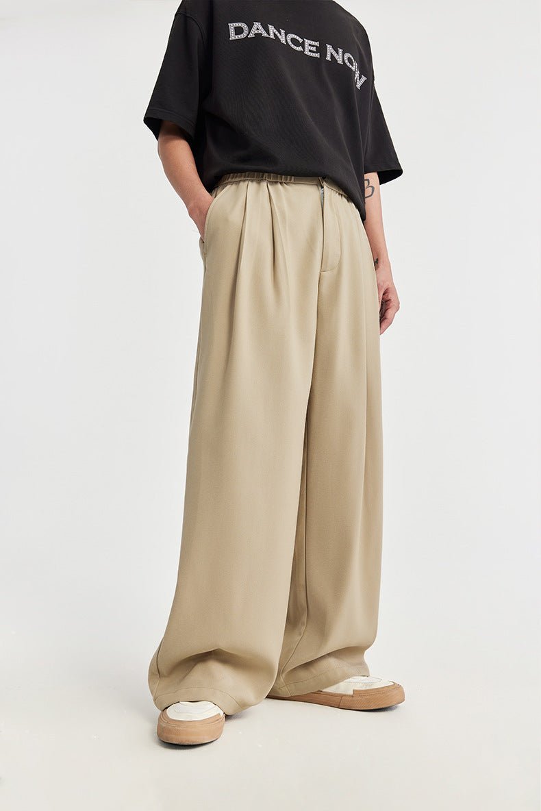 Men's Linen Wide Leg Drawstring Trousers Pleated - Khaki