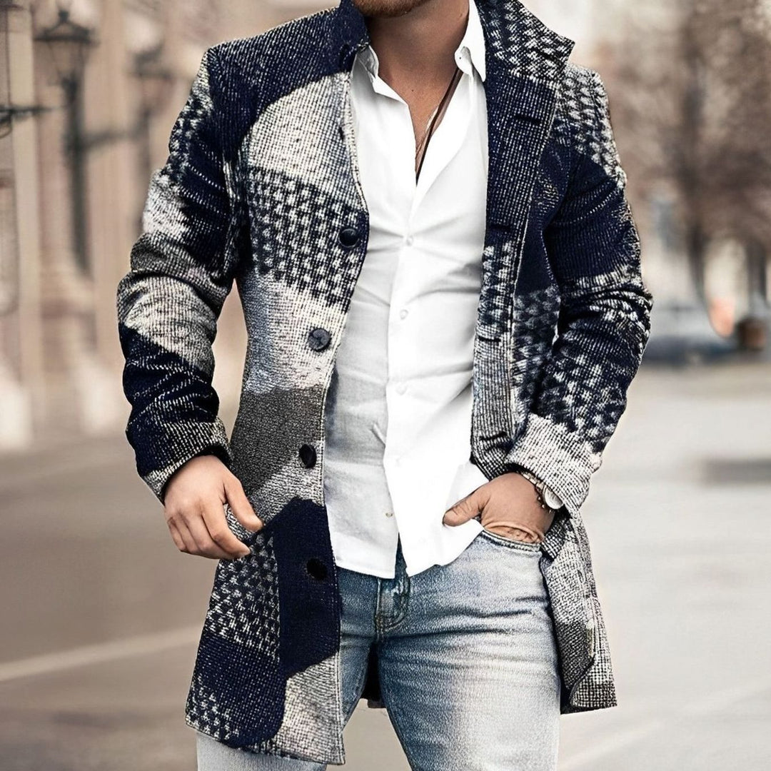 Men's Long Single-Breasted Button Up Coat Tailored Overcoat - Dark Blue