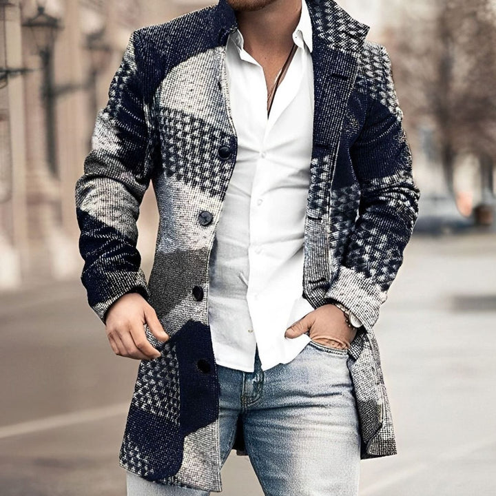 Men's Long Single-Breasted Button Up Coat Tailored Overcoat - Dark Blue