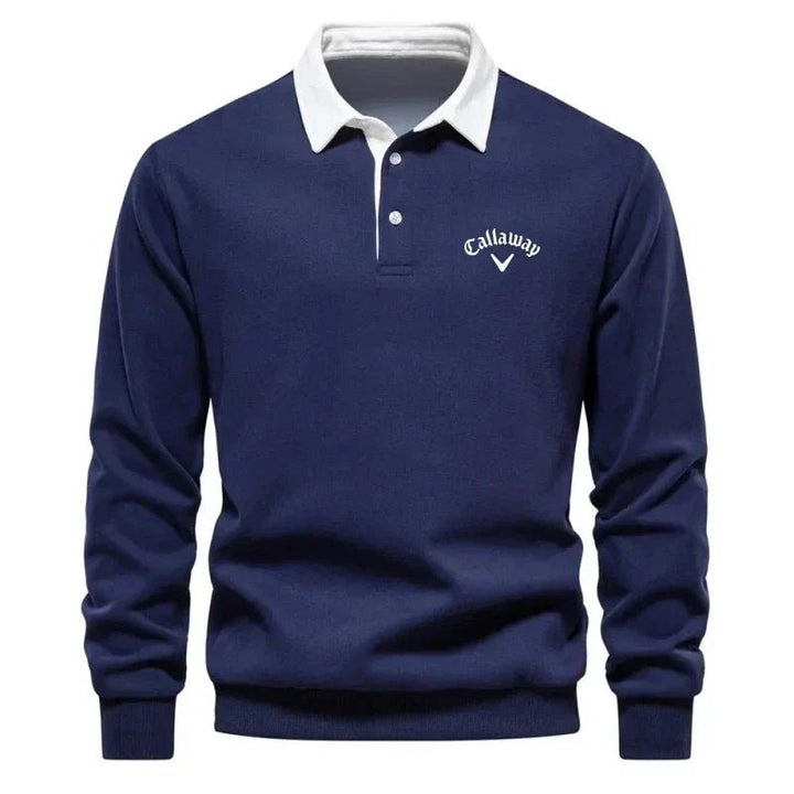 Men's Long-Sleeve Contrast Collar Cotton-Blend Golf Polo Jumper - Navy Blue