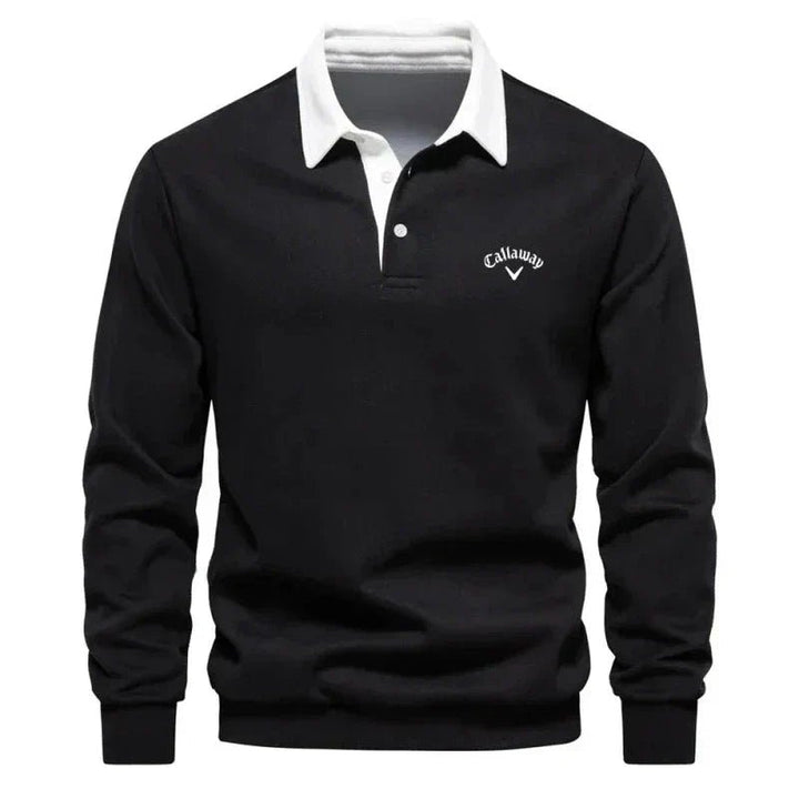Men's Long-Sleeve Contrast Collar Cotton-Blend Golf Polo Jumper - Black