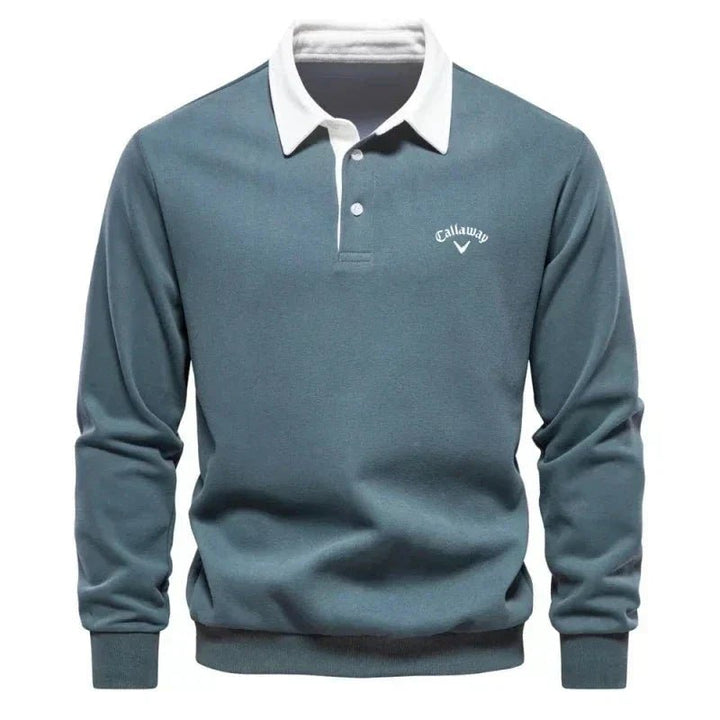 Men's Long-Sleeve Contrast Collar Cotton-Blend Golf Polo Jumper - Green