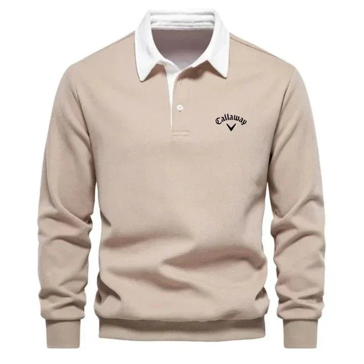 Men's Long-Sleeve Contrast Collar Cotton-Blend Golf Polo Jumper - Beige