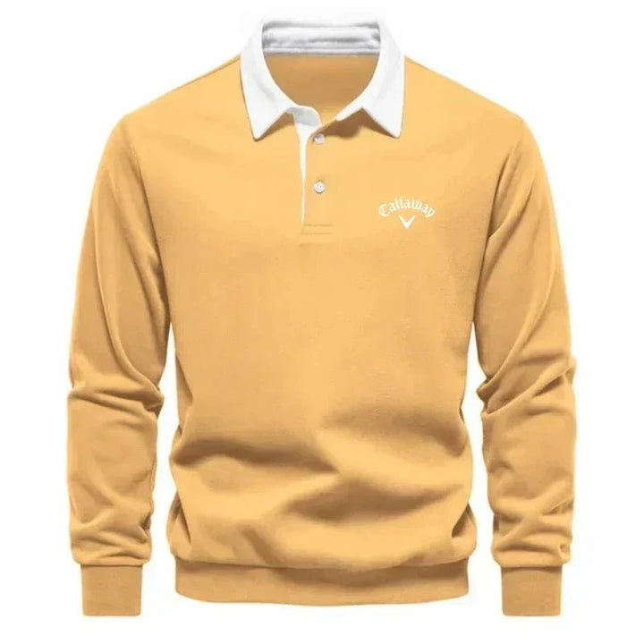 Men's Long-Sleeve Contrast Collar Cotton-Blend Golf Polo Jumper - Yellow