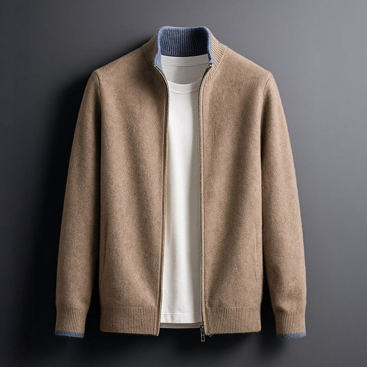 Men's Merino Wool Full-Zip Knit Mens Winter Coat Cardigan - Camel