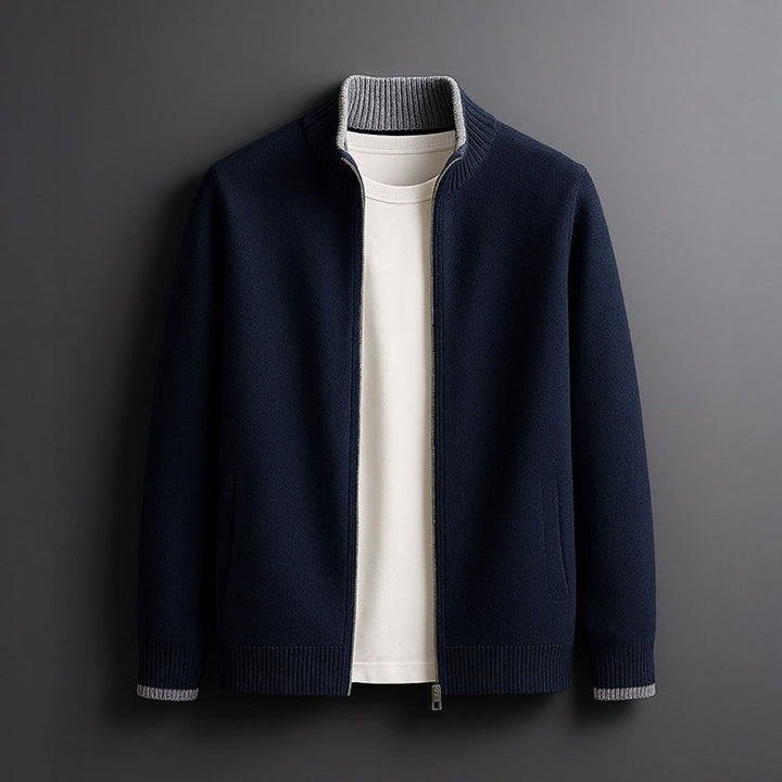 Men's Merino Wool Full-Zip Knit Mens Winter Coat Cardigan - Blue