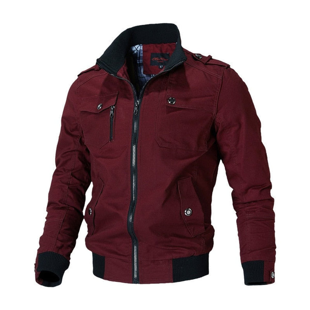 Men's Military-Style Zip-Up Mens Bomber Jacket Multi-Pocket - Red