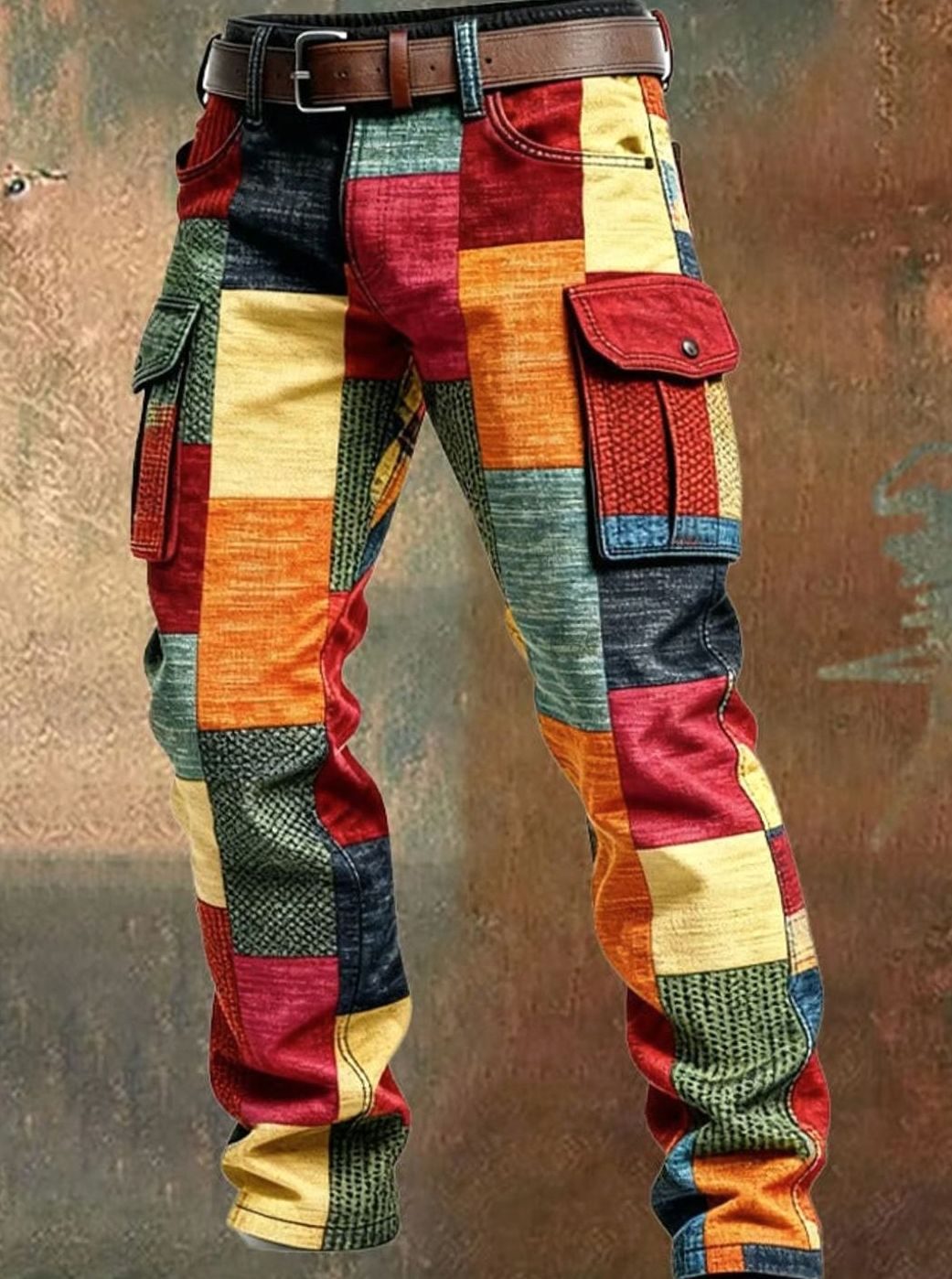 Men's Multicolour Patchwork Regular-Fit Cargo Trousers
