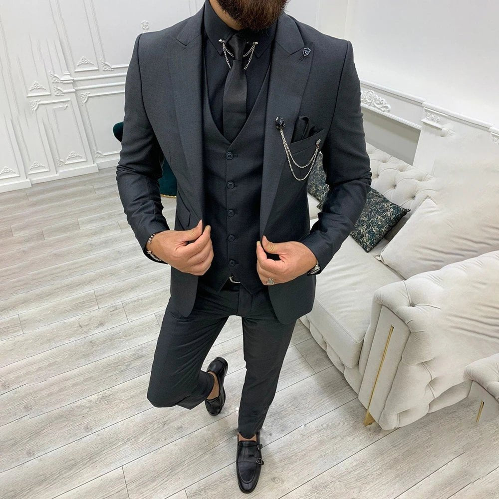Men's Notch Lapel Single-Breasted Three-Piece Formal Suit - Black