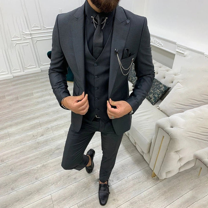 Men's Notch Lapel Single-Breasted Three-Piece Formal Suit - Black