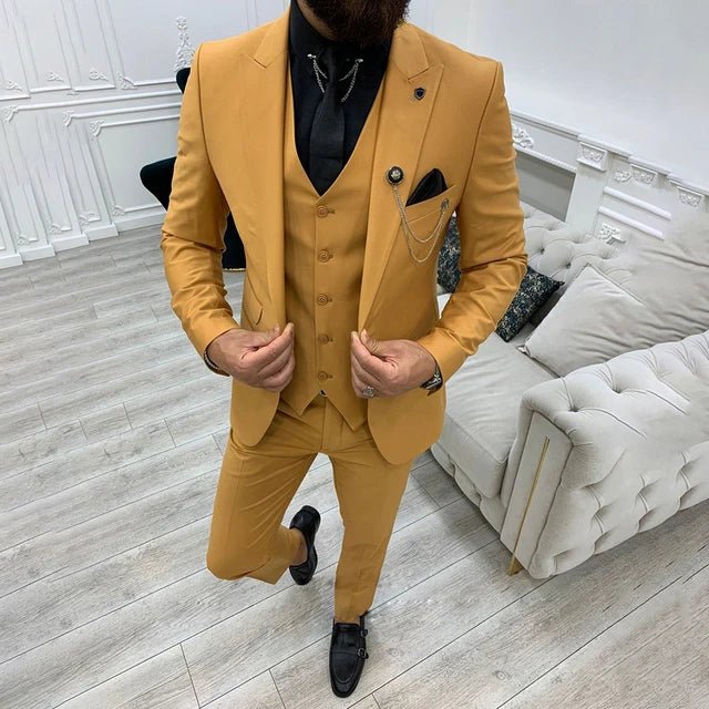 Men's Notch Lapel Single-Breasted Three-Piece Formal Suit - Yellow