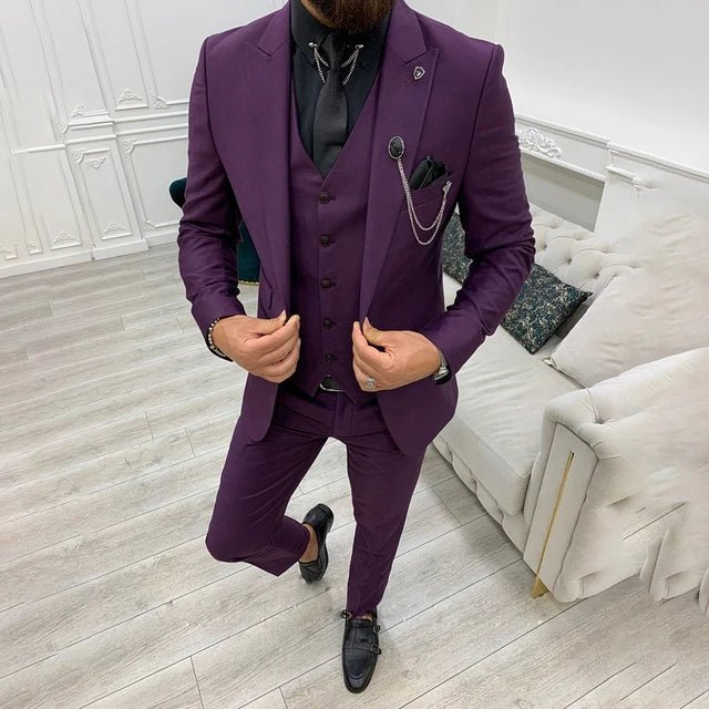 Men's Notch Lapel Single-Breasted Three-Piece Formal Suit - Purple