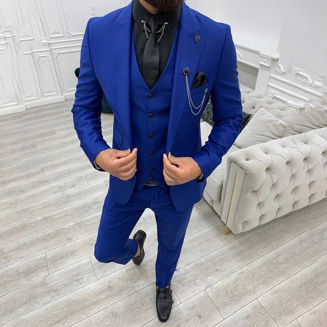 Men's Notch Lapel Single-Breasted Three-Piece Formal Suit - Blue