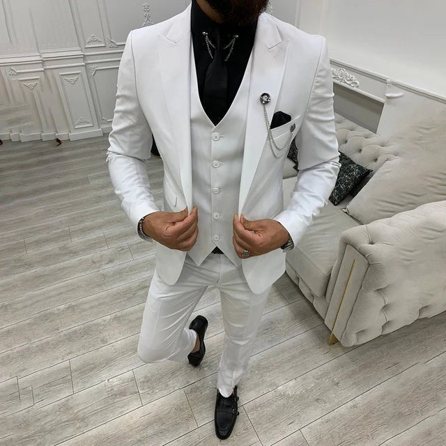 Men's Notch Lapel Single-Breasted Three-Piece Formal Suit - White