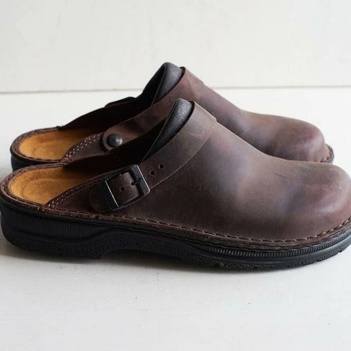 Men's Orthopedic Leather Buckle-Strap Slip-On Clogs - Dark Brown