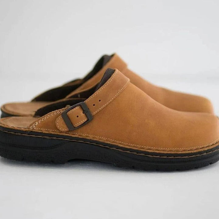 Men's Orthopedic Leather Buckle-Strap Slip-On Clogs - Brown