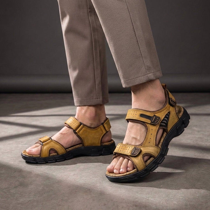 Men's Orthopedic Sandals Adjustable Leather Perforated - Yellow