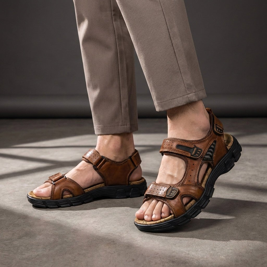 Men's Orthopedic Sandals Adjustable Leather Perforated - Brown