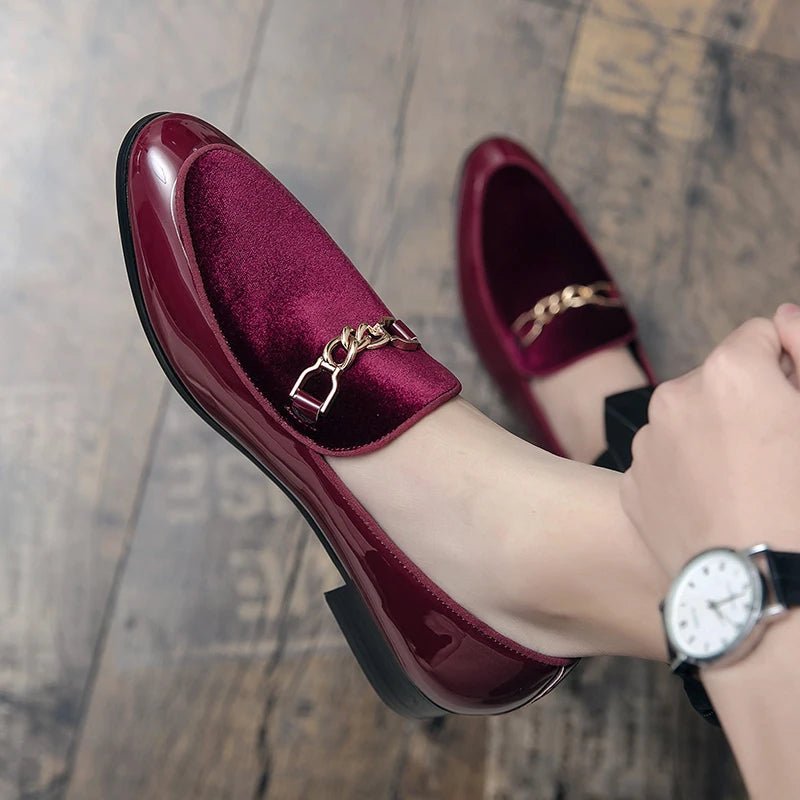 Men's Orthopedic Velvet Loafers Slip-On Gold Chain - Red
