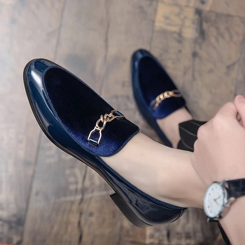 Men's Orthopedic Velvet Loafers Slip-On Gold Chain - Blue