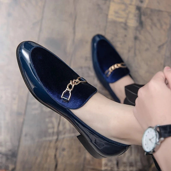 Men's Orthopedic Velvet Loafers Slip-On Gold Chain - Blue