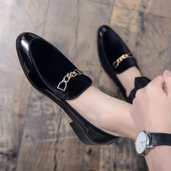 Men's Orthopedic Velvet Loafers Slip-On Gold Chain - Black