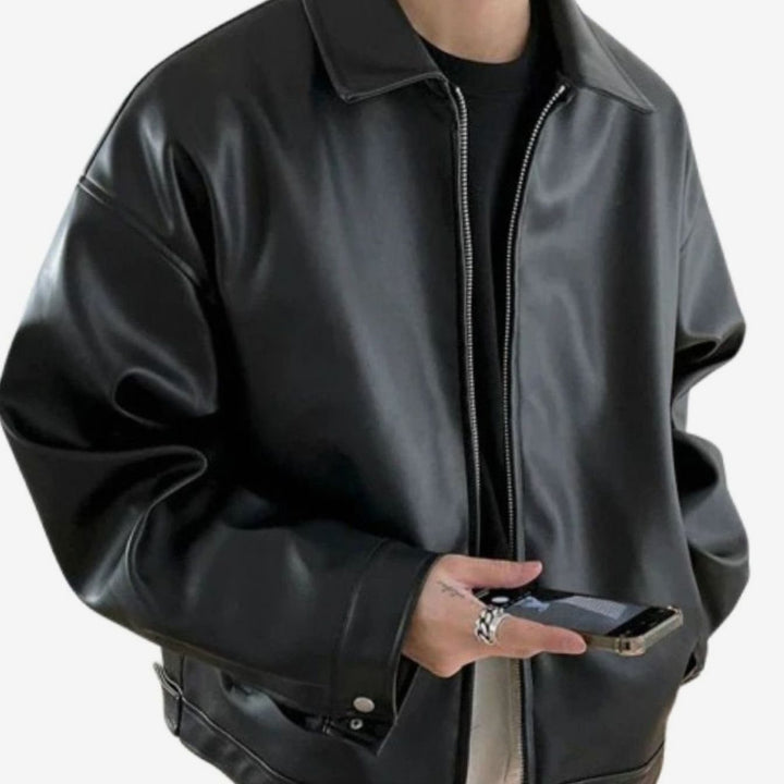 Men's Oversized Faux Leather Zip-Up Bomber Jacket