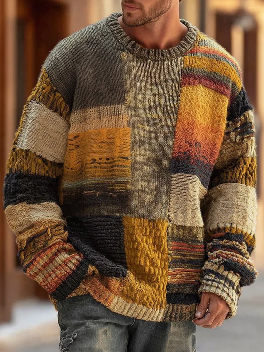 Men's Patchwork Knit Sweater Long Sleeve Colourblock Pullover Jumper - Patchwork