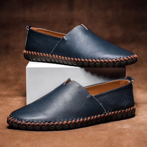 Men's Pebbled-Grain Leather-Look Slip-On Loafers Whipstitch Detail - Navy