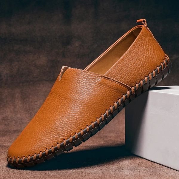 Men's Pebbled-Grain Leather-Look Slip-On Loafers Whipstitch Detail - Caramel