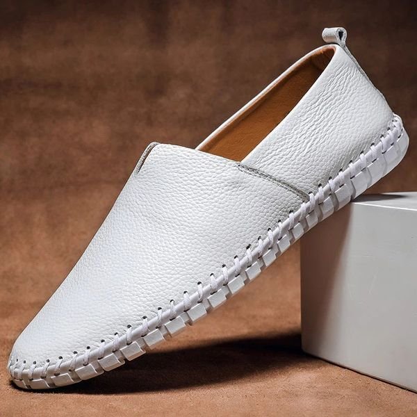 Men's Pebbled-Grain Leather-Look Slip-On Loafers Whipstitch Detail - White