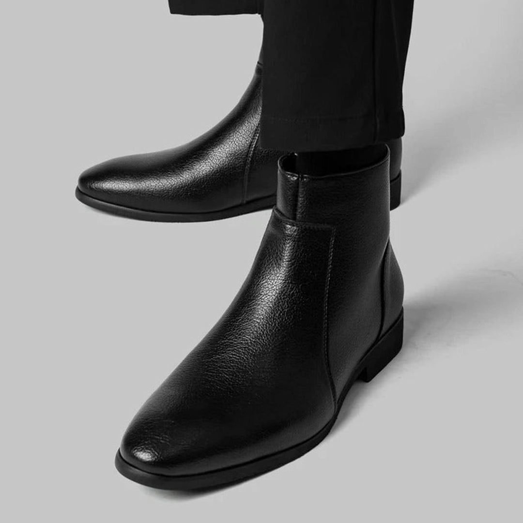 Men's Pointed-Toe Side-Zip Leather Boots - Black