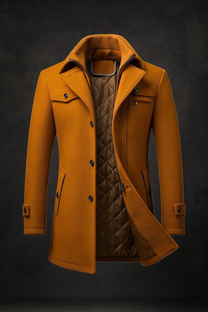 Men's Pure Wool Coat Quilted-Lined Double-Collar Overcoat - Brown