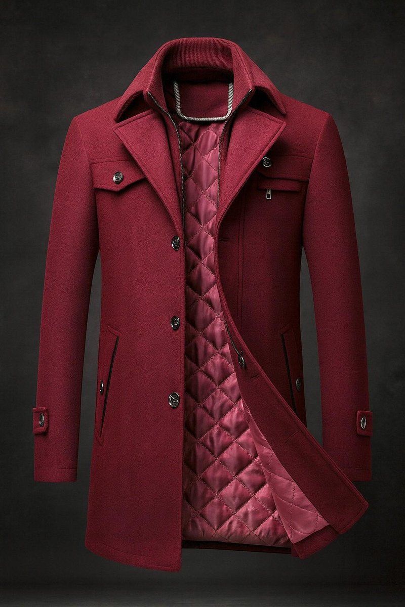 Men's Pure Wool Coat Quilted-Lined Double-Collar Overcoat - Burgundy