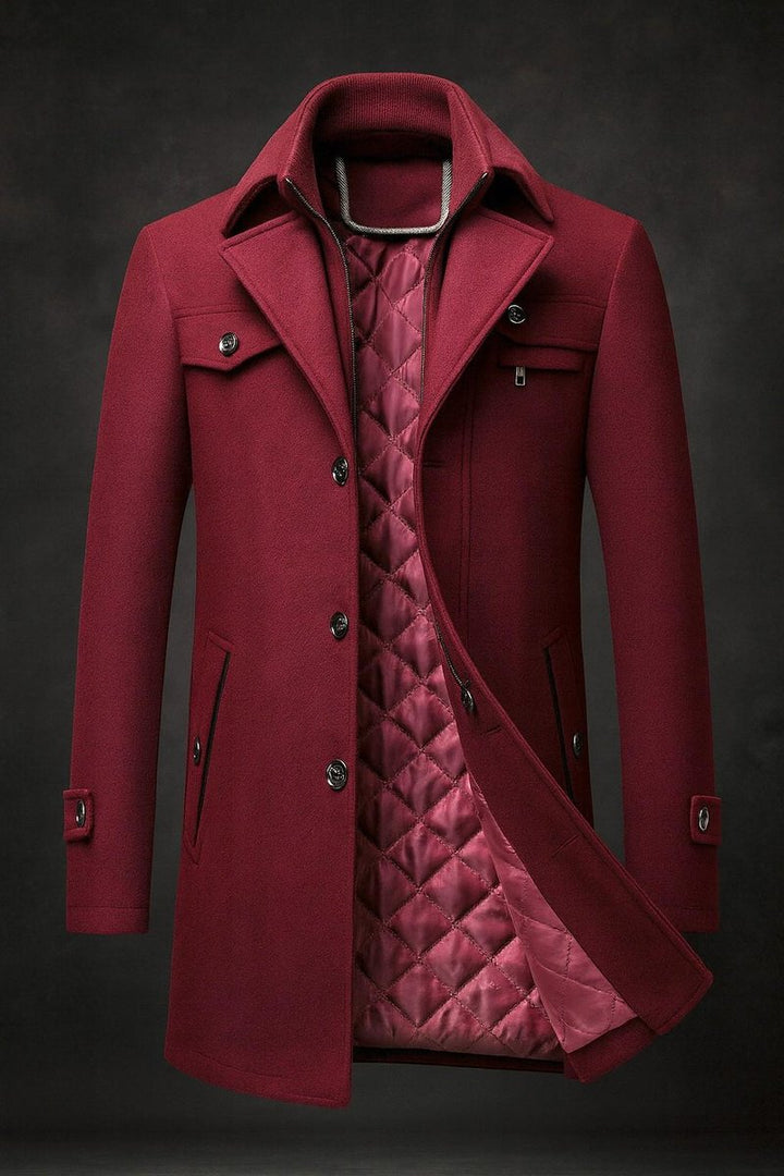 Men's Pure Wool Coat Quilted-Lined Double-Collar Overcoat - Burgundy