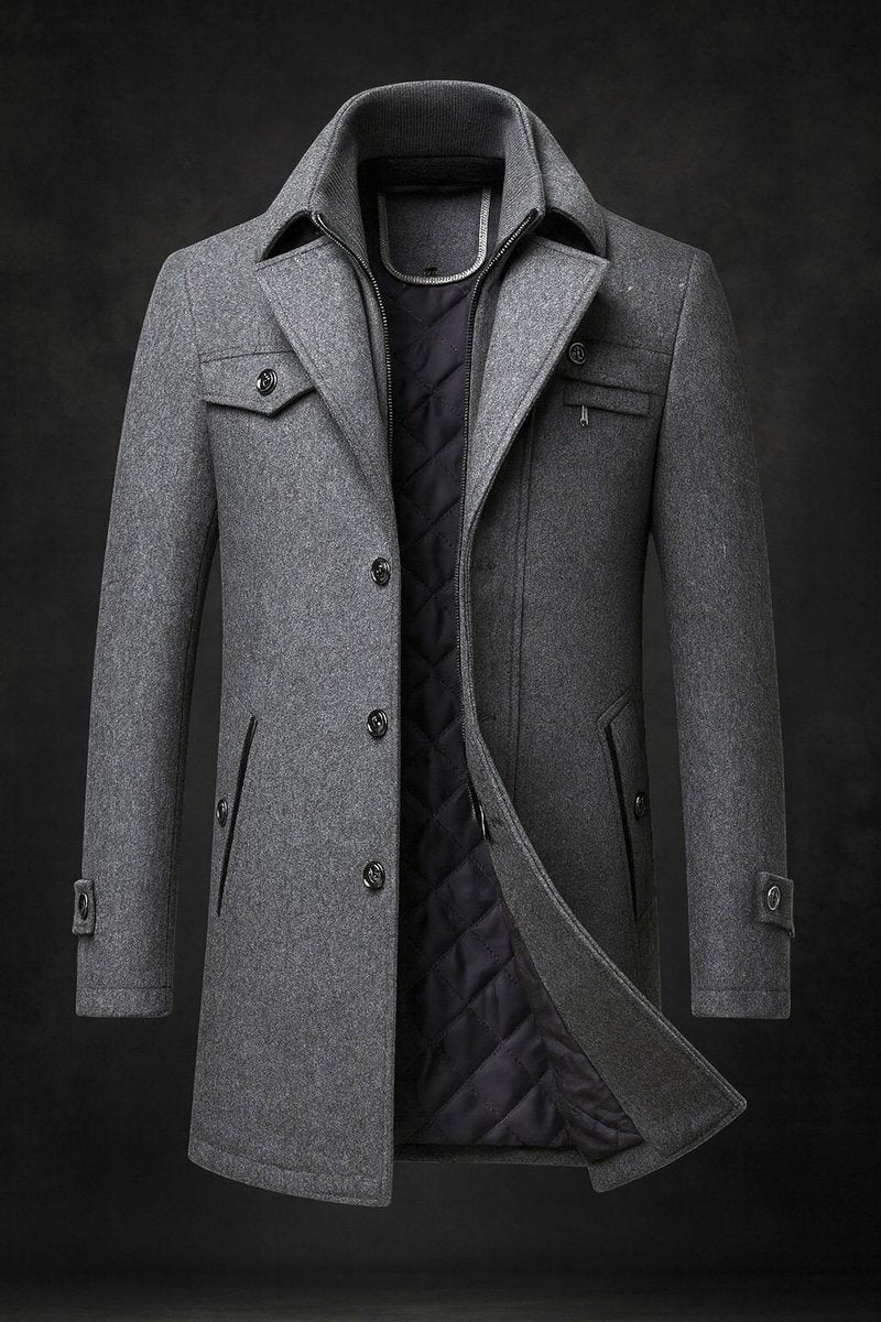Men's Pure Wool Coat Quilted-Lined Double-Collar Overcoat - Grey
