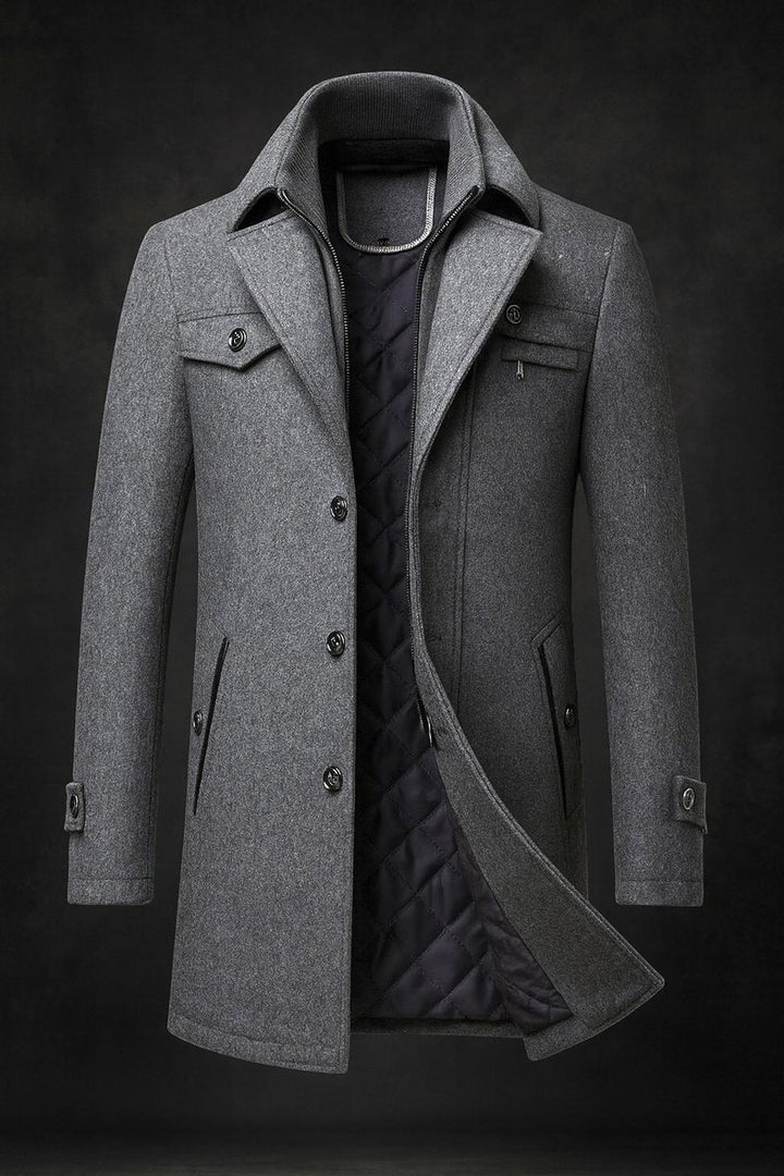 Men's Pure Wool Coat Quilted-Lined Double-Collar Overcoat - Grey