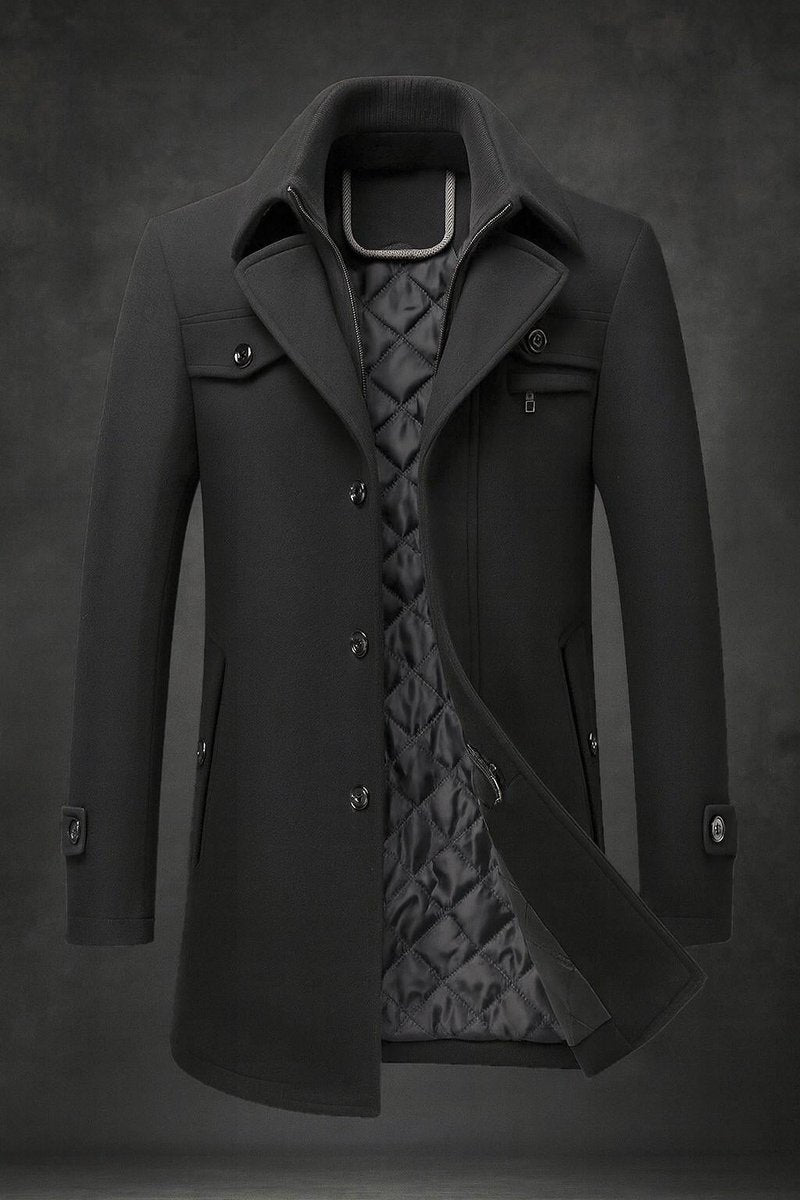 Men's Pure Wool Coat Quilted-Lined Double-Collar Overcoat - Black