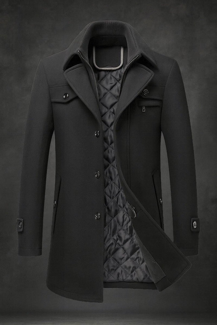 Men's Pure Wool Coat Quilted-Lined Double-Collar Overcoat - Black
