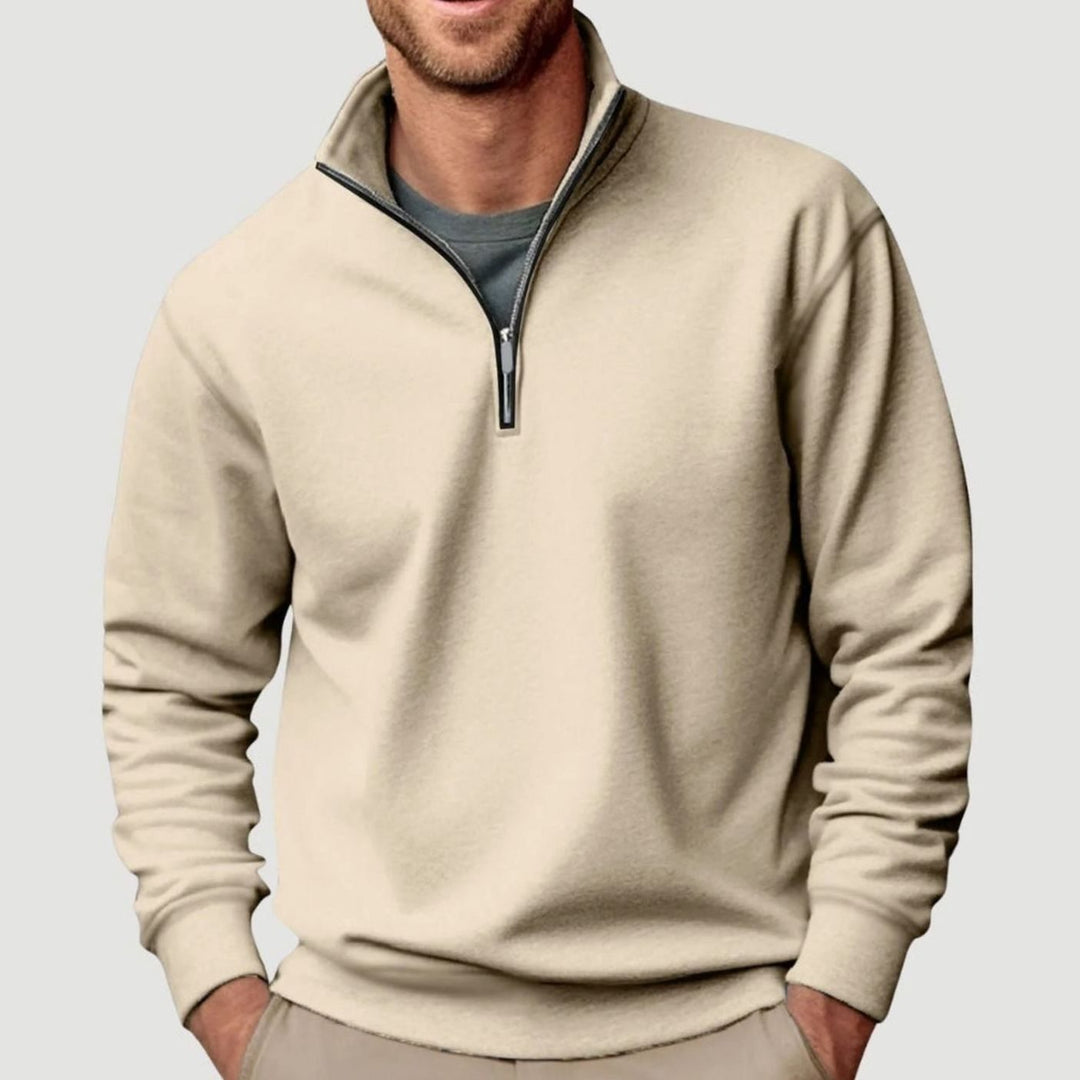 Men's Quarter-Zip Stand Collar Sweatshirt Relaxed Casual Pullover - Beige