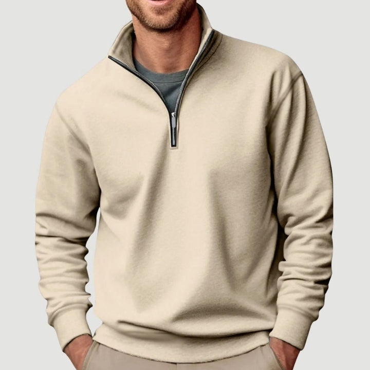 Men's Quarter-Zip Stand Collar Sweatshirt Relaxed Casual Pullover - Beige