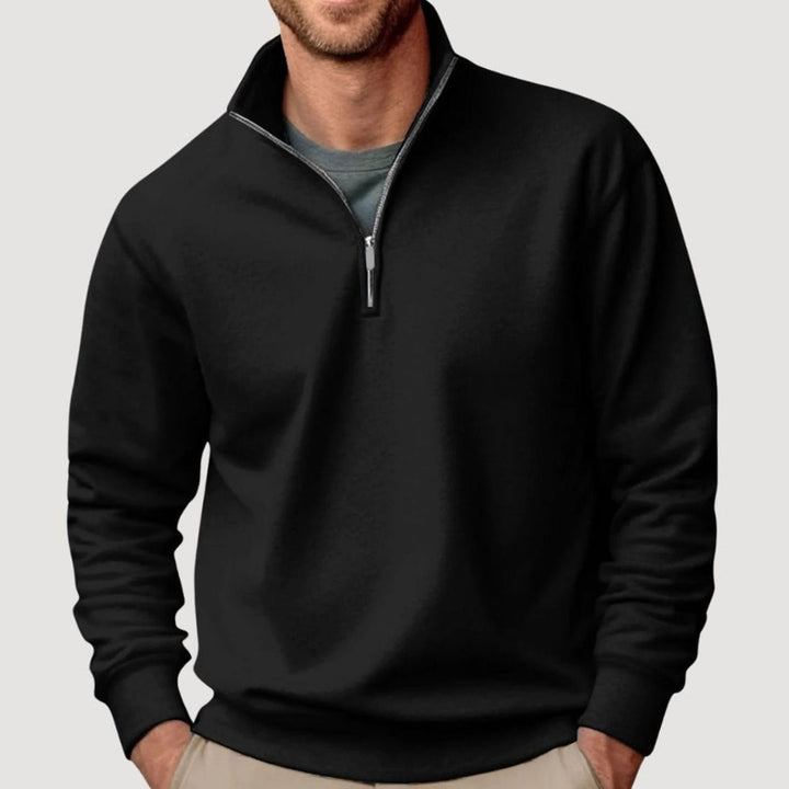 Men's Quarter-Zip Stand Collar Sweatshirt Relaxed Casual Pullover - Black