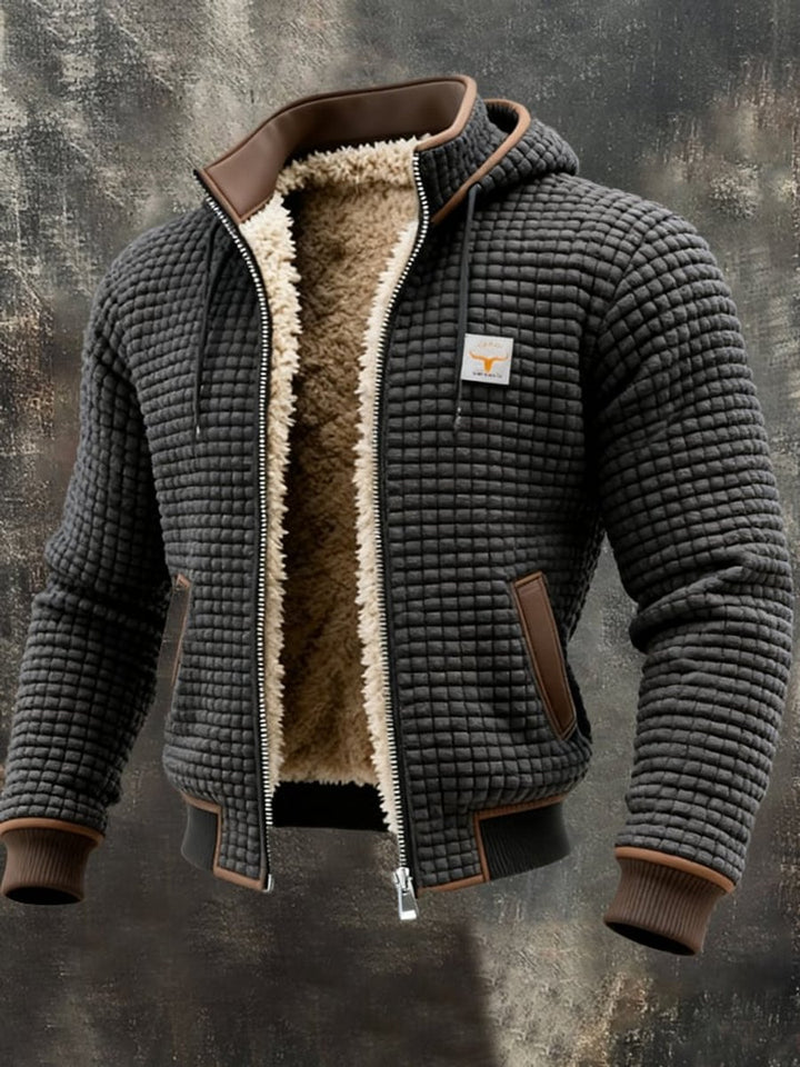 Mens Quilted Jacket Fleece-Lined Hooded Zip-Up Thermal Coat - Grey