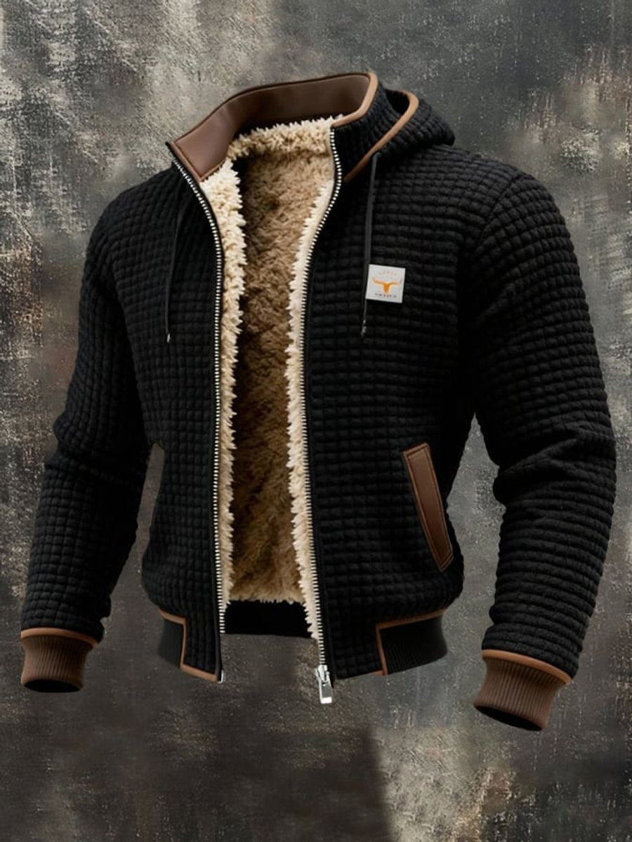 Mens Quilted Jacket Fleece-Lined Hooded Zip-Up Thermal Coat - Black