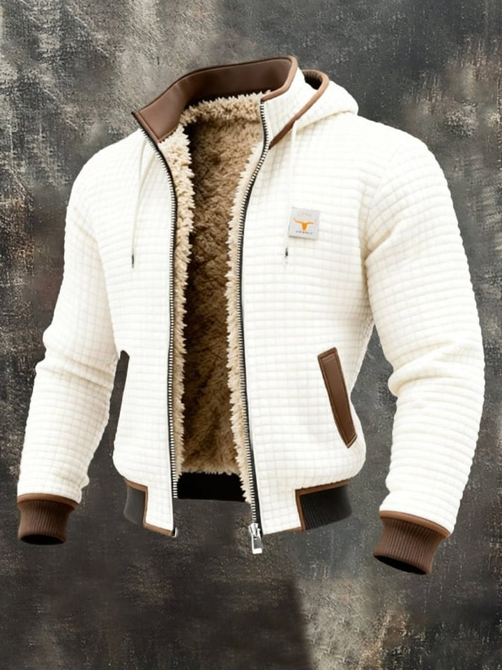 Mens Quilted Jacket Fleece-Lined Hooded Zip-Up Thermal Coat - White