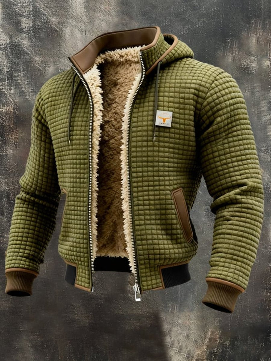 Mens Quilted Jacket Fleece-Lined Hooded Zip-Up Thermal Coat - Olive Green